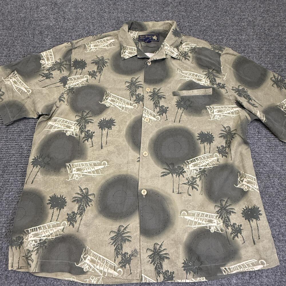 Nat Nast Shirt Mens XL Gray Silk Airplane Palm Tree Hawaiian Button Up Aloha